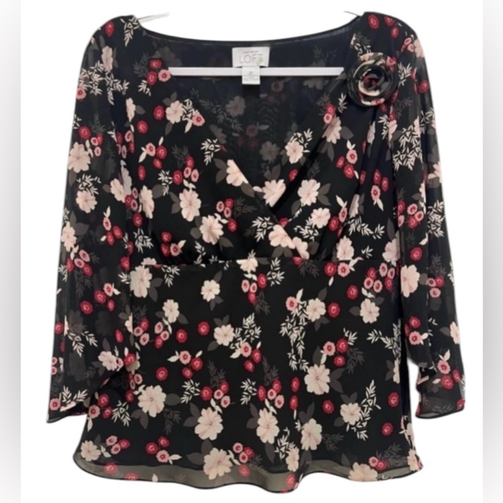 Ann Taylor Loft women’s 14 floral v-neck black long ruffle sleeve blouse